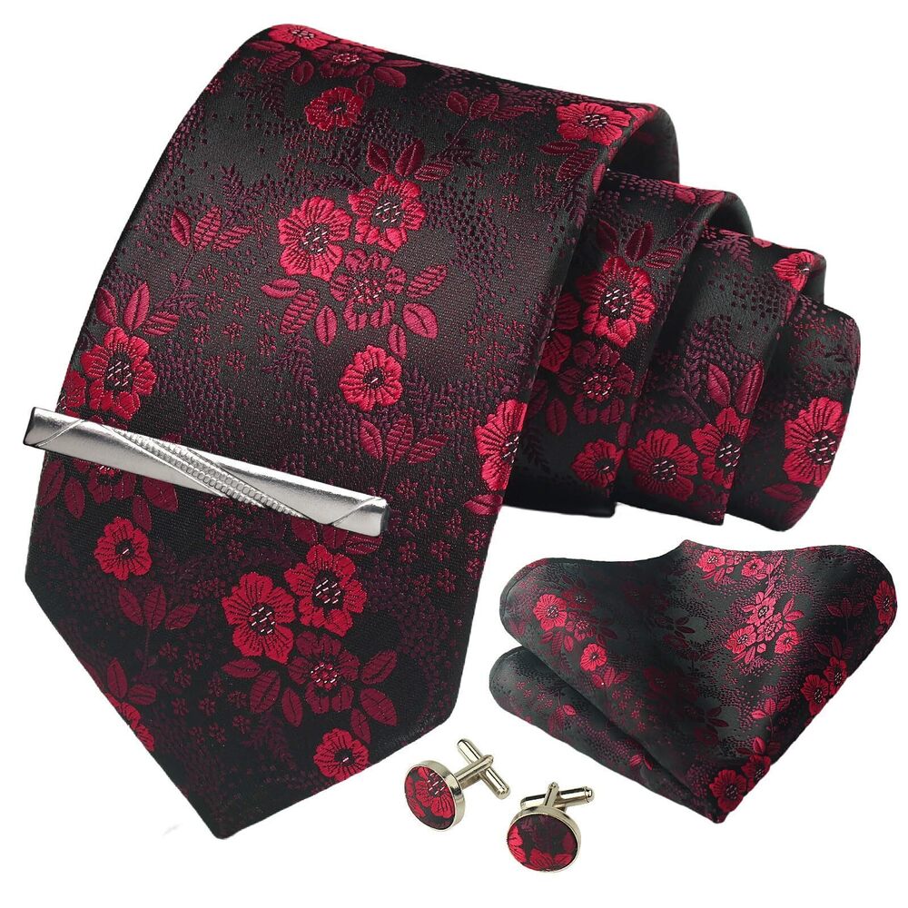 7199 Floral Black Red Tie Formal Necktie Pocket Squares Ties Clips